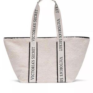 NWT Victoria's Secret White Sherpa Tote with Logo Straps